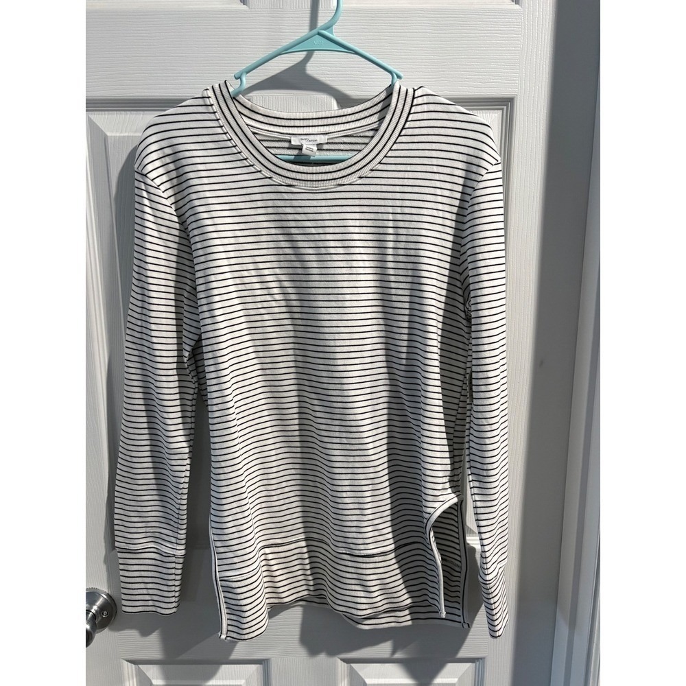 Striped Long Sleeve Side Slit Crew Neck Top White Black